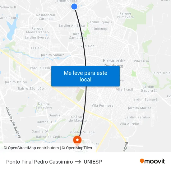 Ponto Final Pedro Cassimiro to UNIESP map
