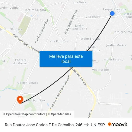 Rua Doutor Jose Carlos F De Carvalho, 246 to UNIESP map
