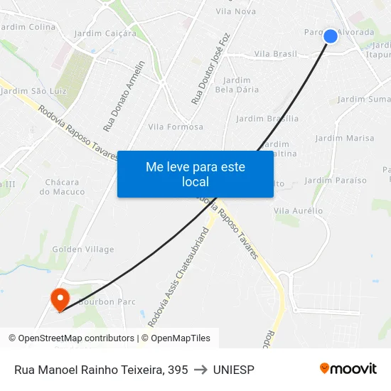 Rua Manoel Rainho Teixeira, 395 to UNIESP map