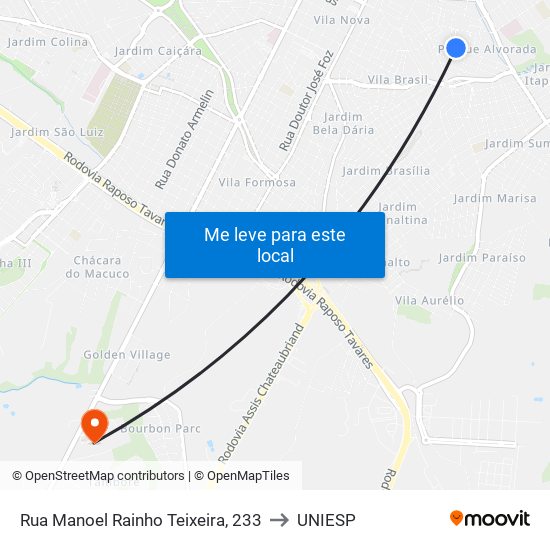 Rua Manoel Rainho Teixeira, 233 to UNIESP map