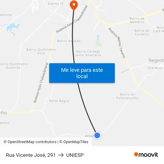 Rua Vicente José, 291 to UNIESP map