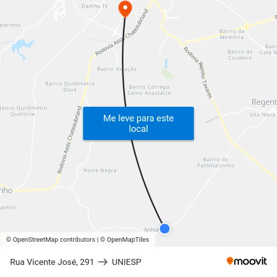 Rua Vicente José, 291 to UNIESP map