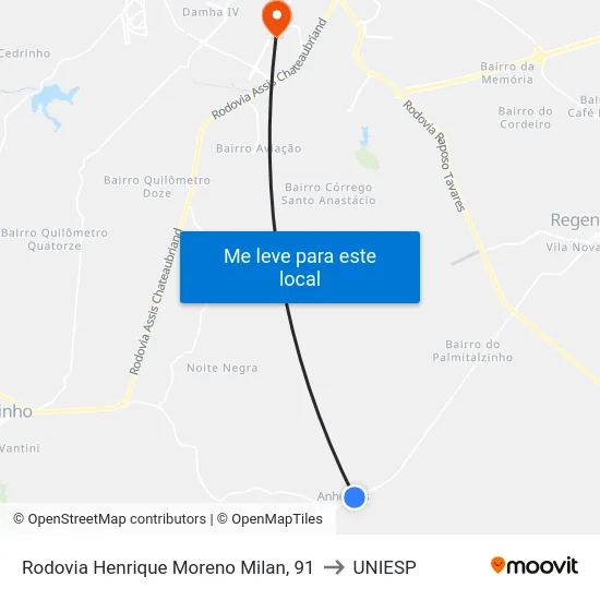 Rodovia Henrique Moreno Milan, 91 to UNIESP map