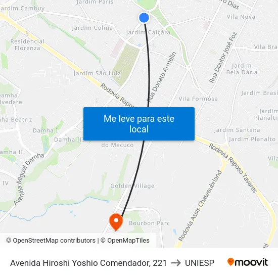 Avenida Hiroshi Yoshio Comendador, 221 to UNIESP map