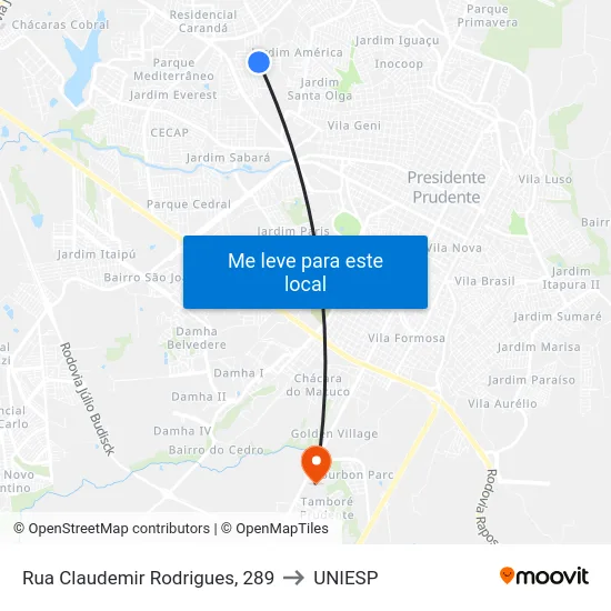 Rua Claudemir Rodrigues, 289 to UNIESP map