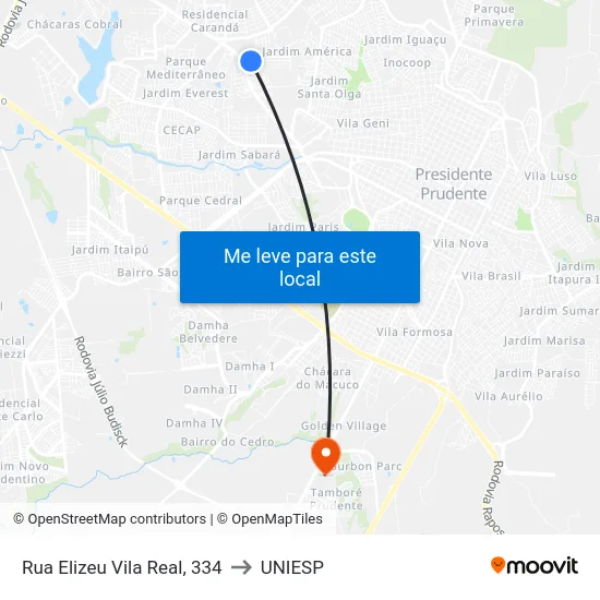 Rua Elizeu Vila Real, 334 to UNIESP map