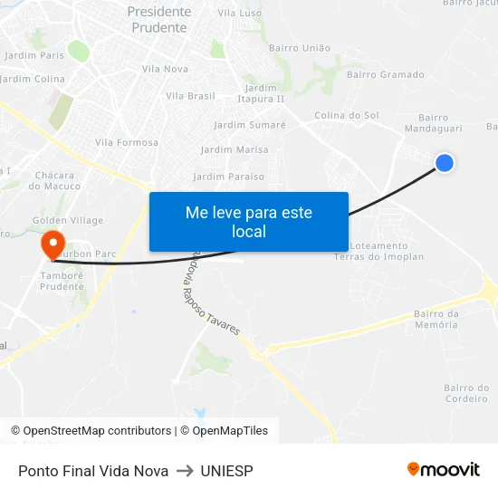 Ponto Final Vida Nova to UNIESP map
