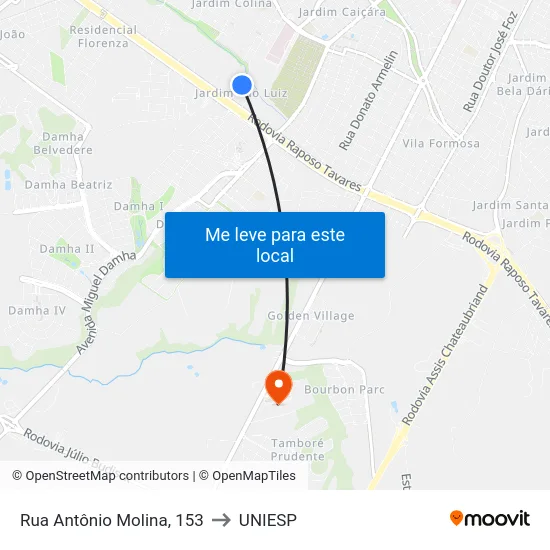 Rua Antônio Molina, 153 to UNIESP map