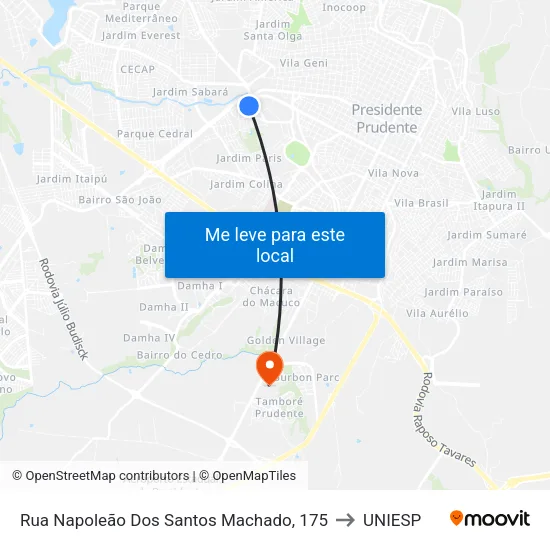 Rua Napoleão Dos Santos Machado, 175 to UNIESP map