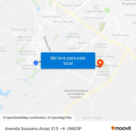 Avenida Sussumu Anzaí, 515 to UNIESP map
