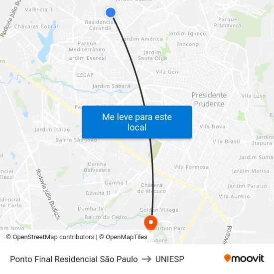 Ponto Final Residencial São Paulo to UNIESP map