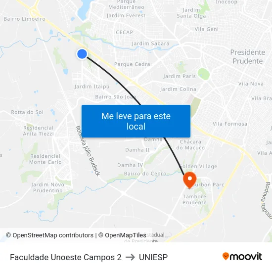 Faculdade Unoeste Campos 2 to UNIESP map