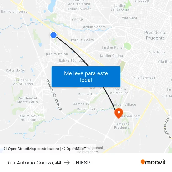 Rua Antônio Coraza, 44 to UNIESP map