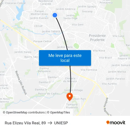 Rua Elizeu Vila Real, 89 to UNIESP map