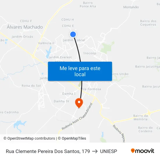 Rua Clemente Pereira Dos Santos, 179 to UNIESP map