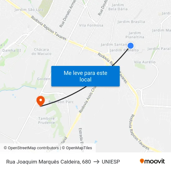 Rua Joaquim Marquês Caldeira, 680 to UNIESP map