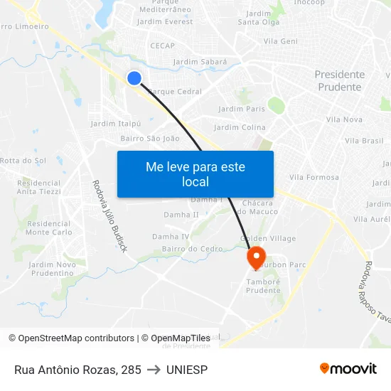 Rua Antônio Rozas, 285 to UNIESP map