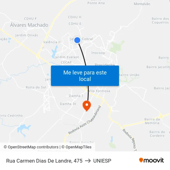 Rua Carmen Dias De Landre, 475 to UNIESP map