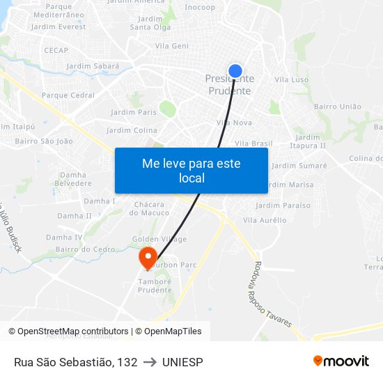 Rua São Sebastião, 132 to UNIESP map