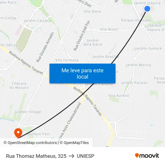 Rua Thomaz Matheus, 325 to UNIESP map