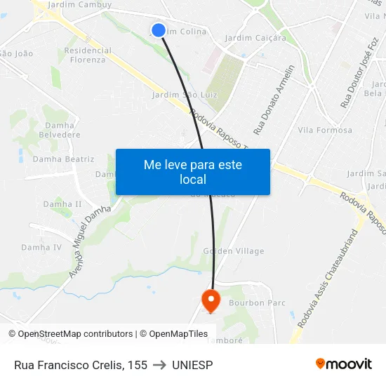 Rua Francisco Crelis, 155 to UNIESP map