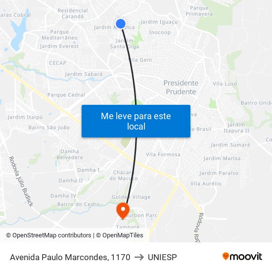 Avenida Paulo Marcondes, 1170 to UNIESP map