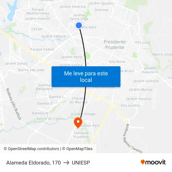 Alameda Eldorado, 170 to UNIESP map