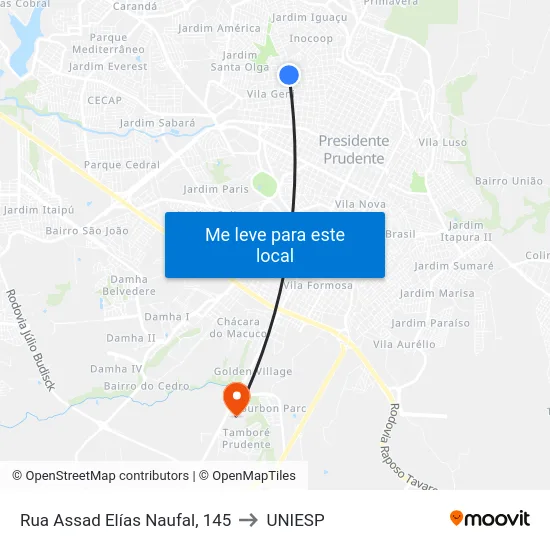 Rua Assad Elías Naufal, 145 to UNIESP map