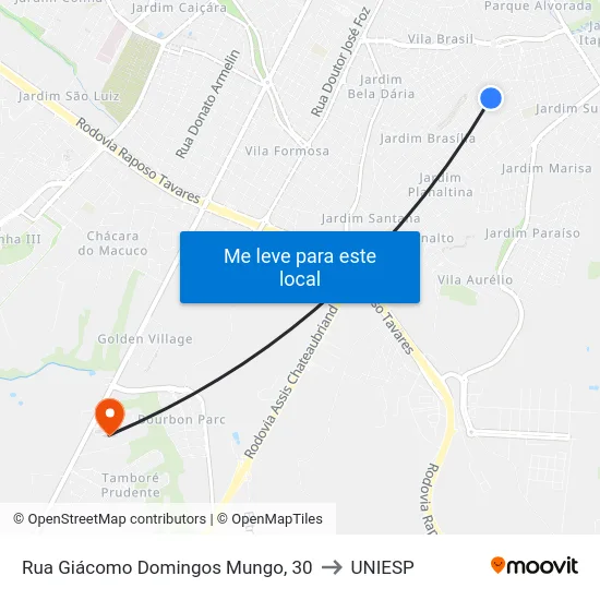 Rua Giácomo Domingos Mungo, 30 to UNIESP map