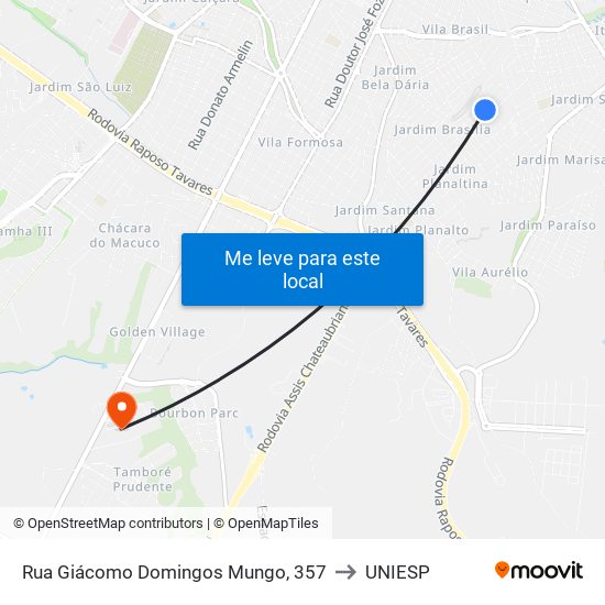 Rua Giácomo Domingos Mungo, 357 to UNIESP map