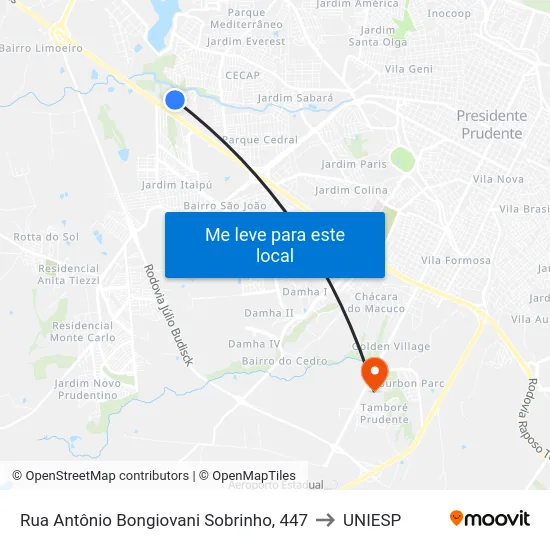 Rua Antônio Bongiovani Sobrinho, 447 to UNIESP map