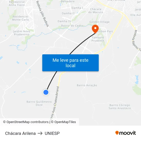 Chácara Arilena to UNIESP map