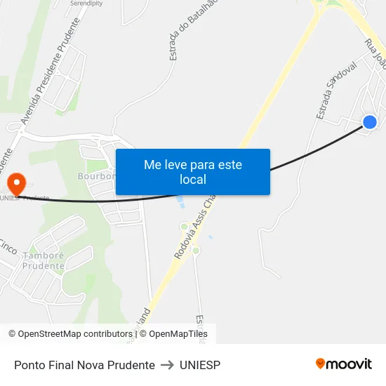 Ponto Final Nova Prudente to UNIESP map