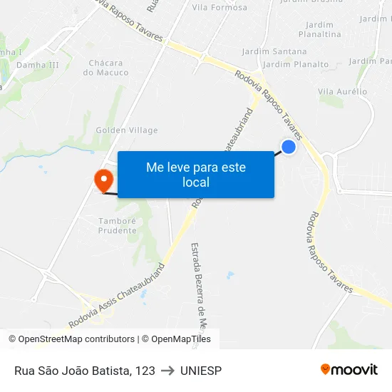 Rua São João Batista, 123 to UNIESP map