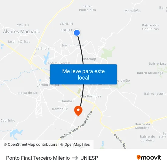 Ponto Final Terceiro Milênio to UNIESP map