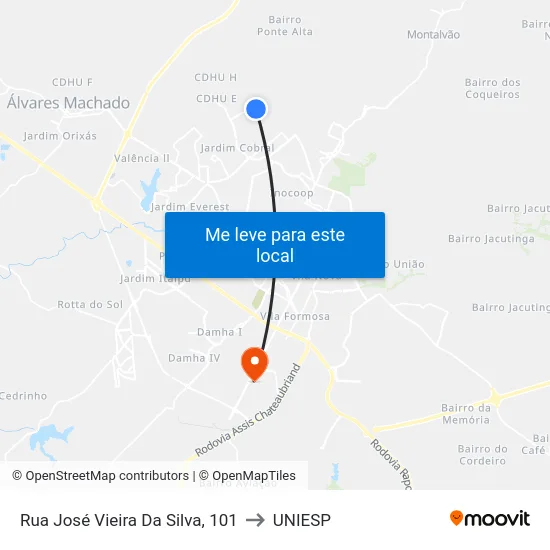 Rua José Vieira Da Silva, 101 to UNIESP map