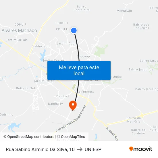 Rua Sabino Armínio Da Silva, 10 to UNIESP map