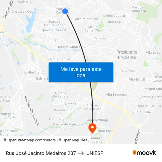 Rua José Jacinto Medeiros 287 to UNIESP map
