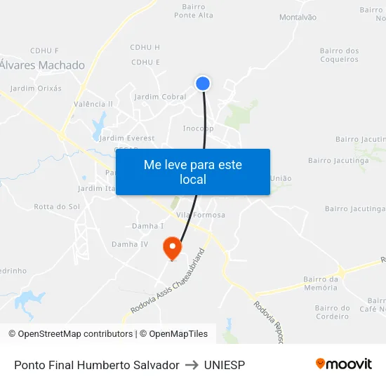 Ponto Final Humberto Salvador to UNIESP map