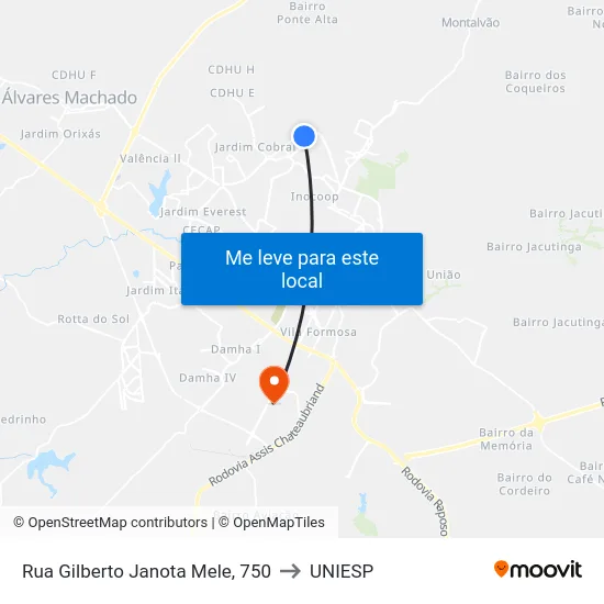 Rua Gilberto Janota Mele, 750 to UNIESP map