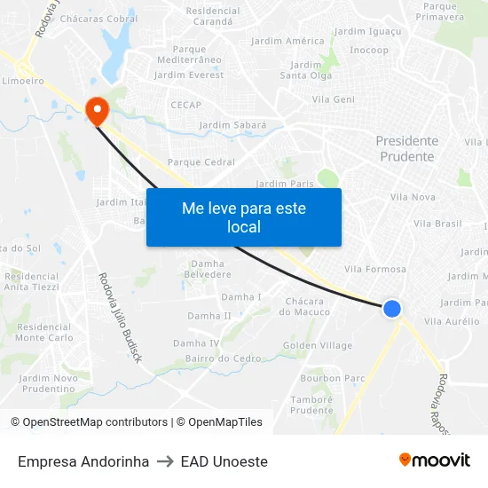Empresa Andorinha to EAD Unoeste map