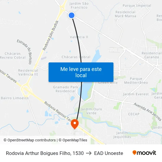 Rodovia Arthur Boigues Filho, 1530 to EAD Unoeste map