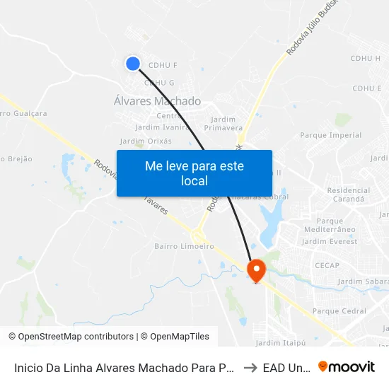 Inicio Da Linha Alvares Machado Para Presidente Prudente to EAD Unoeste map