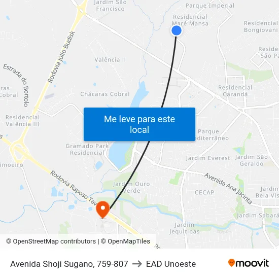 Avenida Shoji Sugano, 759-807 to EAD Unoeste map