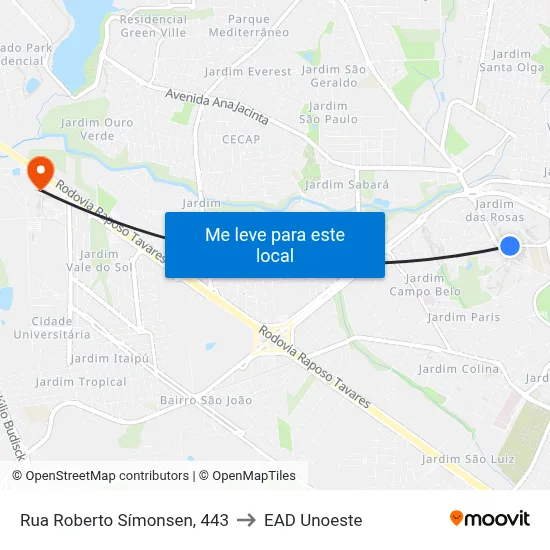 Rua Roberto Símonsen, 443 to EAD Unoeste map