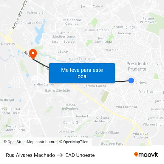 Rua Álvares Machado to EAD Unoeste map