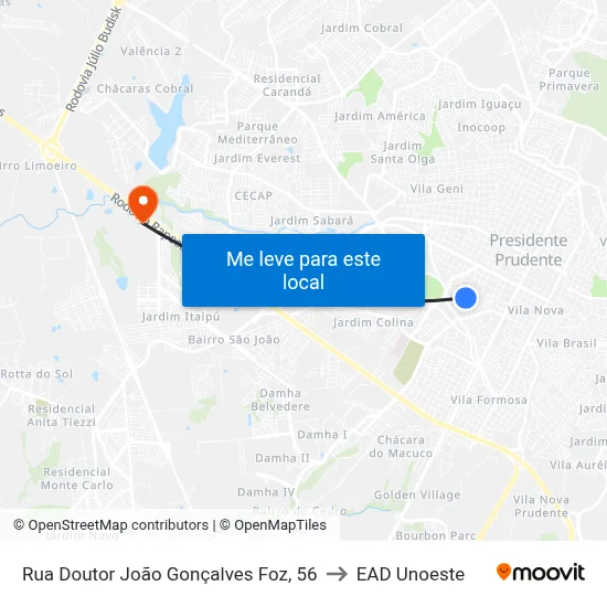 Rua Doutor João Gonçalves Foz, 56 to EAD Unoeste map