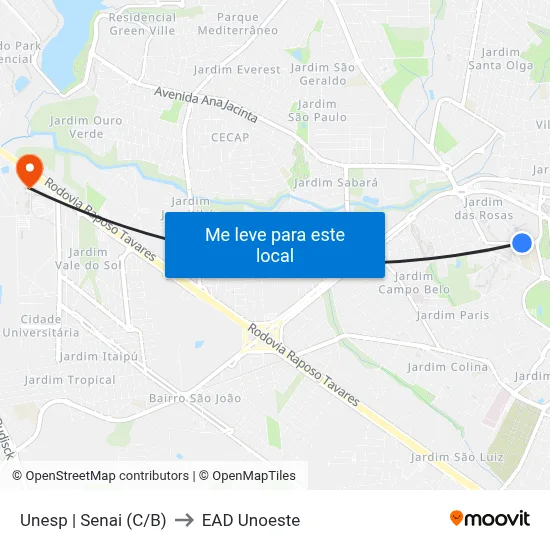 Unesp | Senai (C/B) to EAD Unoeste map
