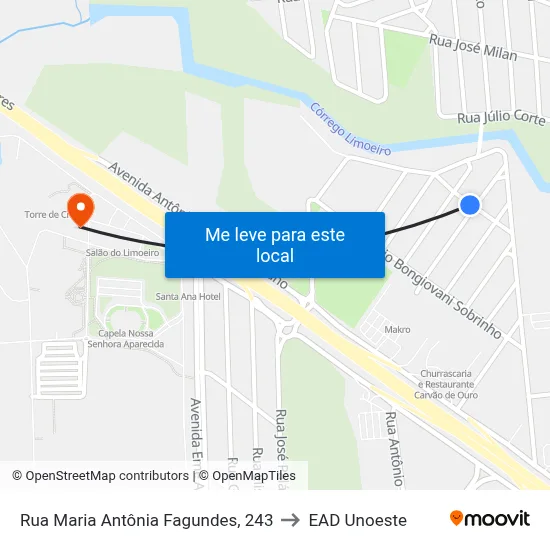 Rua Maria Antônia Fagundes, 243 to EAD Unoeste map