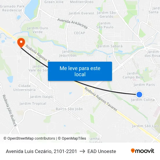 Avenida Luis Cezário, 2101-2201 to EAD Unoeste map